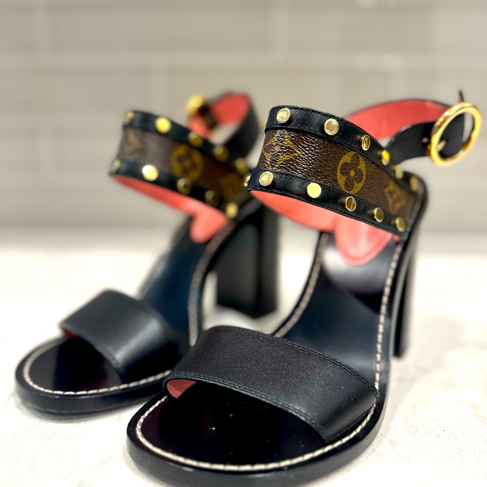 Louis Vuitton Canvas Monogram & Leather Studded Passenger Sandals. Sz 38.